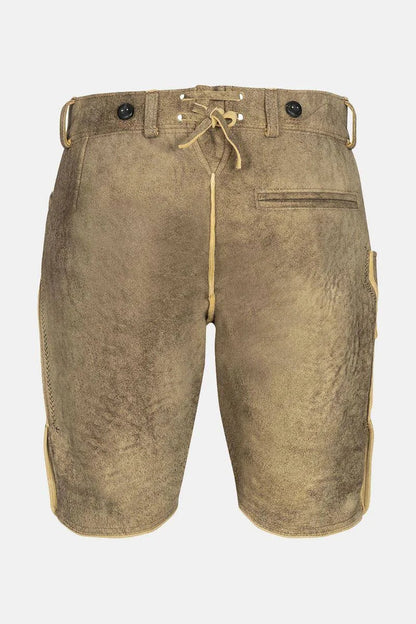 Brown denim shorts with a drawstring on a white background