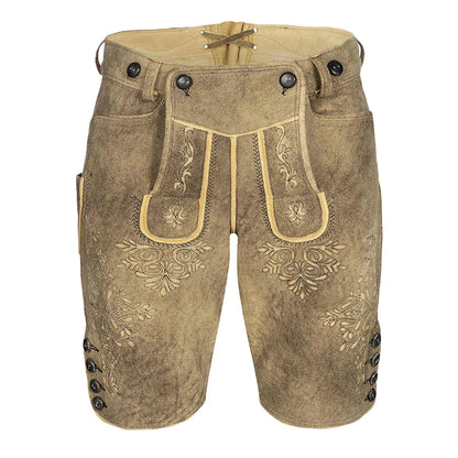 Brown leather shorts with decorative stitching on a white background