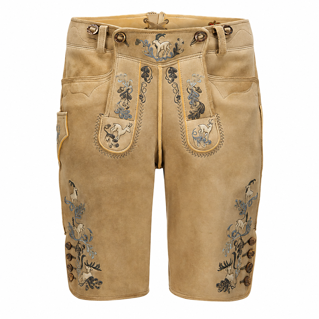 Beige shorts with embroidery on a white background