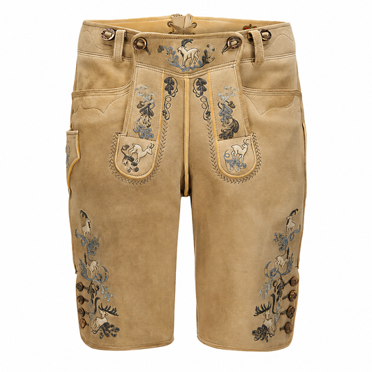 Beige shorts with embroidery on a white background