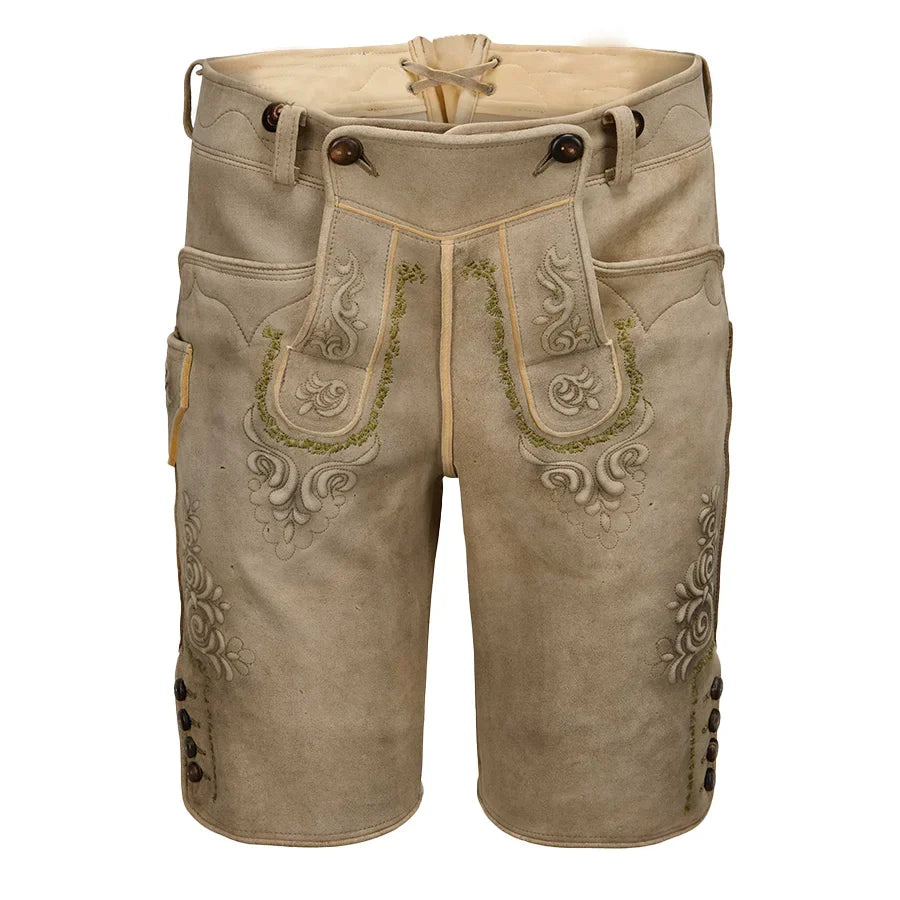 Traditional leather shorts with embroidery on a white background