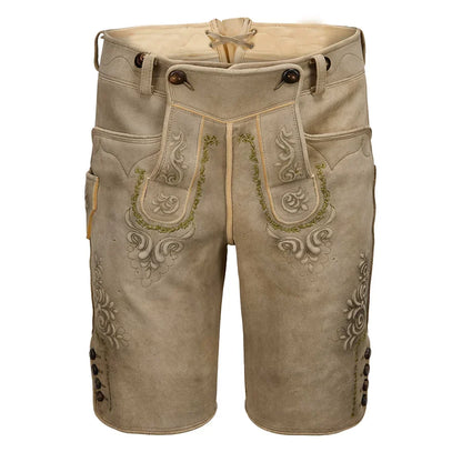 Traditional leather shorts with embroidery on a white background