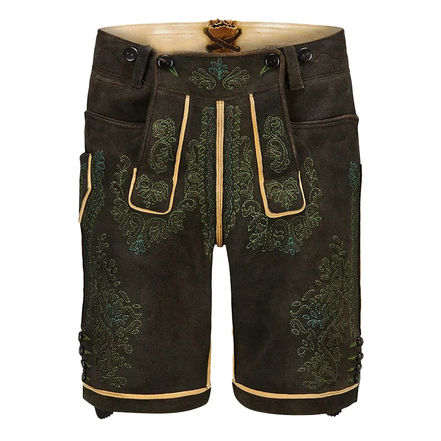Traditional black lederhosen with green embroidery on a white background