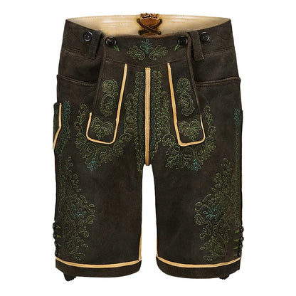 Traditional black lederhosen with green embroidery on a white background