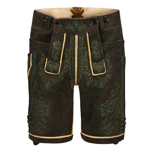 Traditional black lederhosen with green embroidery on a white background