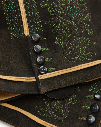 Close-up of a dark fabric with green embroidery and buttons