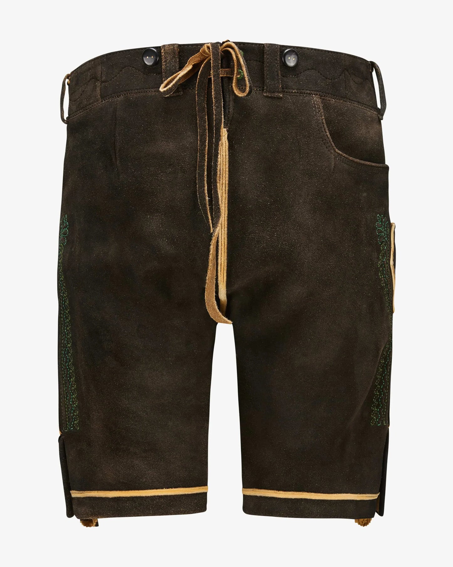 Brown leather shorts with drawstring on a white background