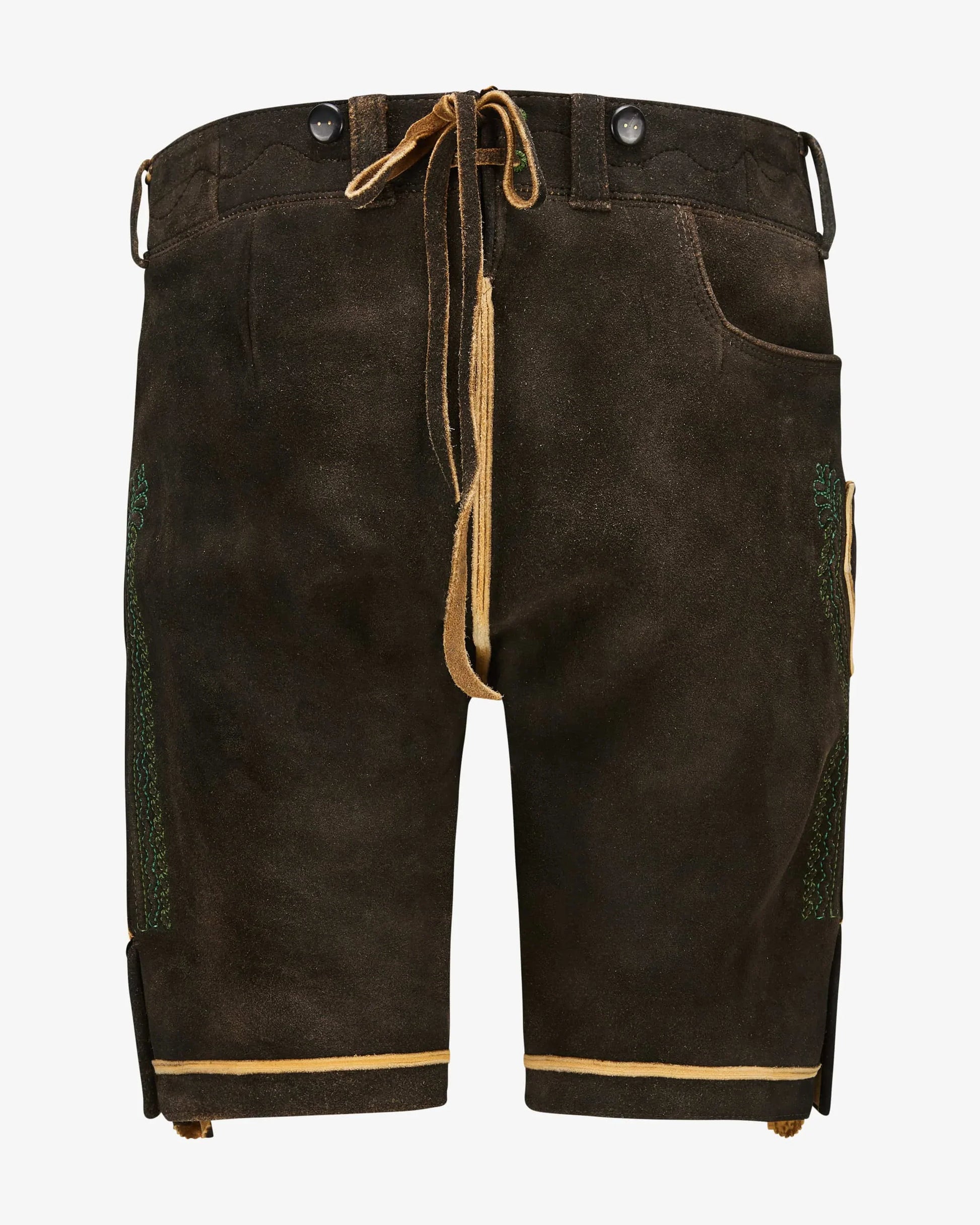 Brown leather shorts with drawstring on a white background