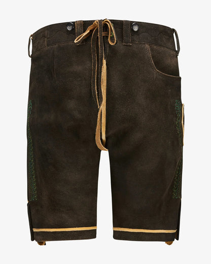 Brown leather shorts with drawstring on a white background