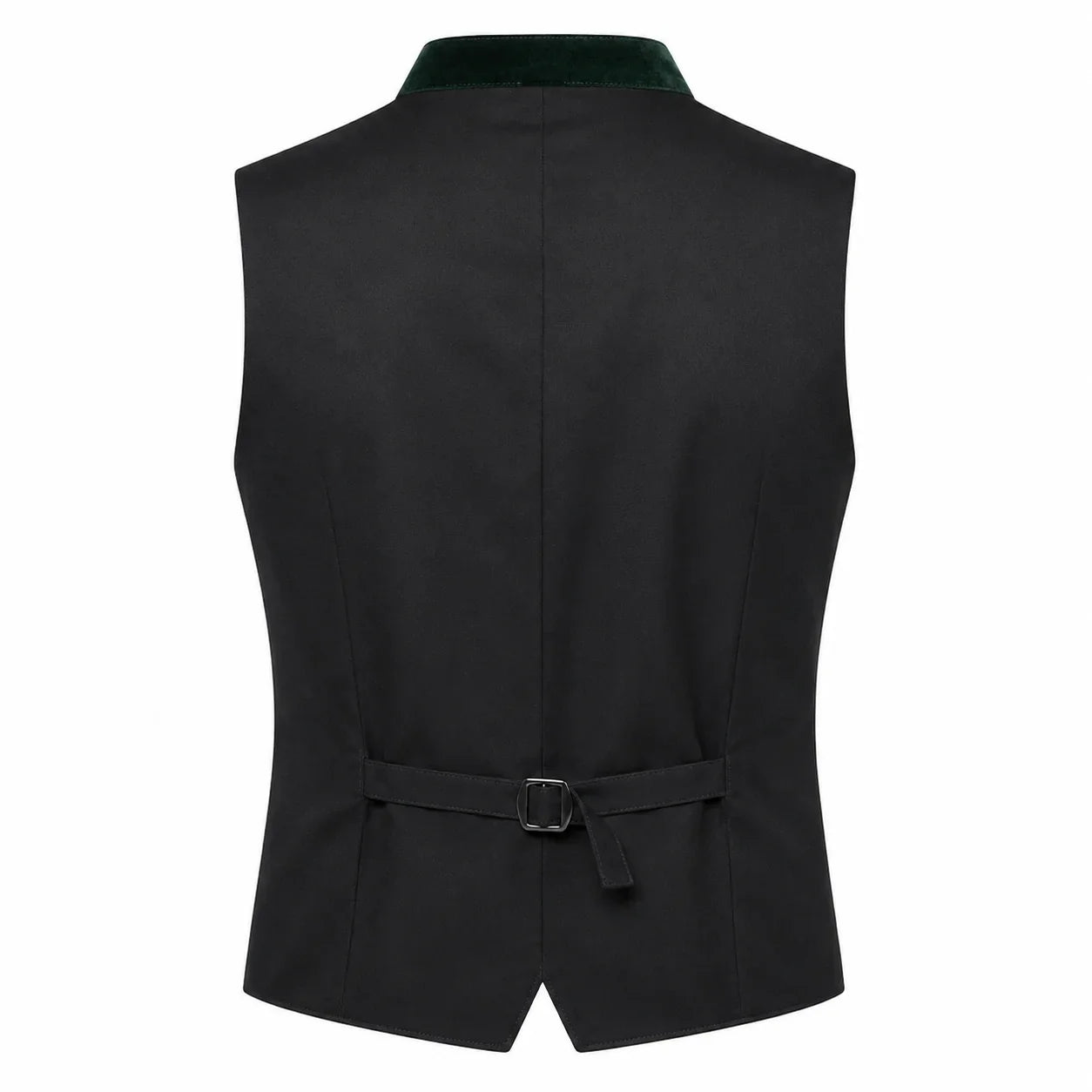Black men's waistcoat vest with a dark green velvet collar and a matching tie belt at the back, shown on a plain white background.