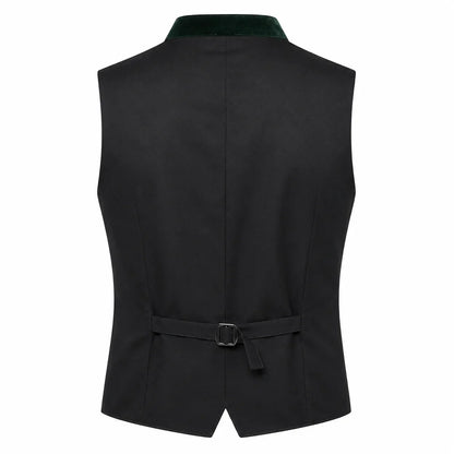 Black men's waistcoat vest with a dark green velvet collar and a matching tie belt at the back, shown on a plain white background.