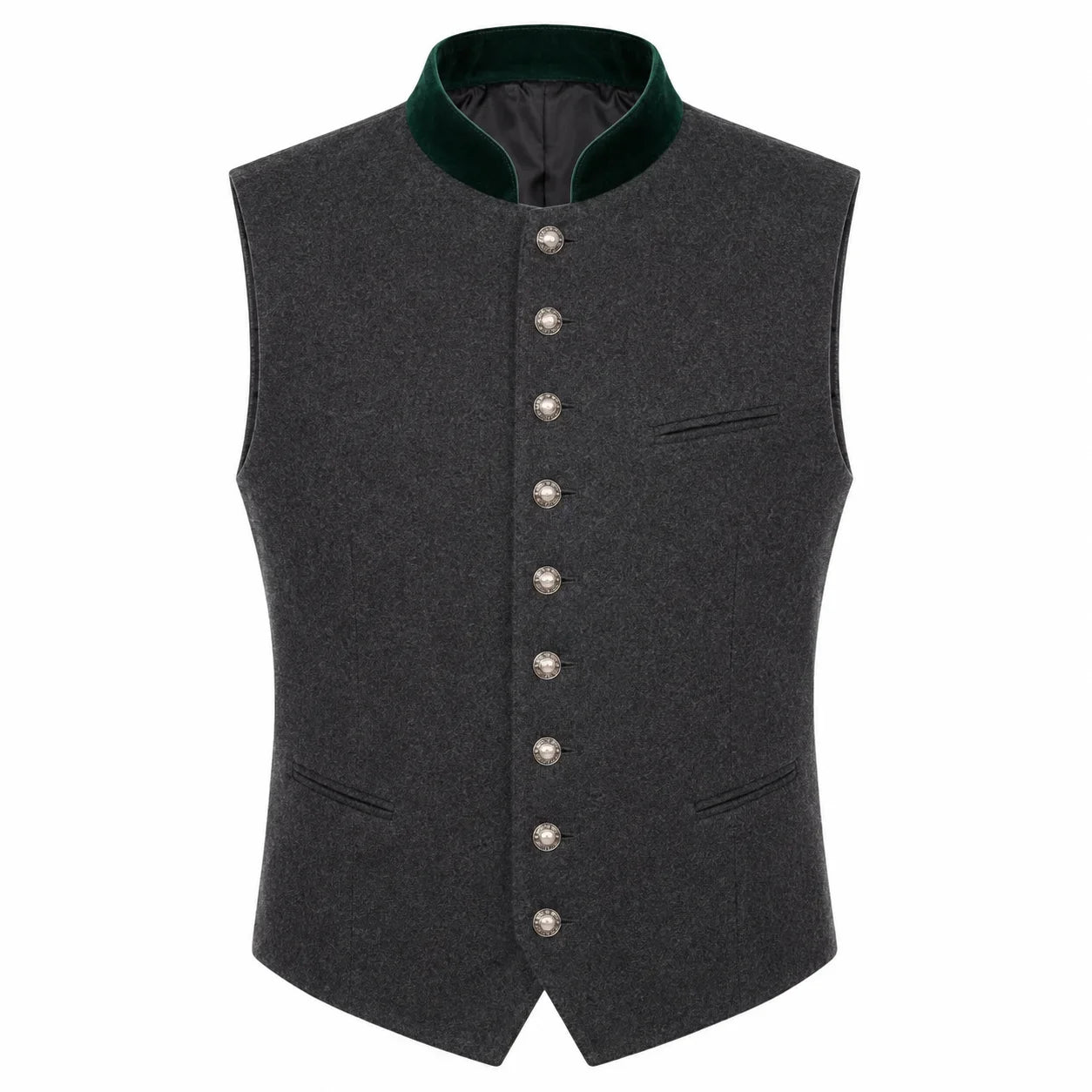 A dark gray wool felt vest with a dark green velvet collar and silver-tone buttons, shown on a plain white background.
