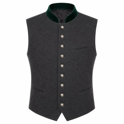 A dark gray wool felt vest with a dark green velvet collar and silver-tone buttons, shown on a plain white background.