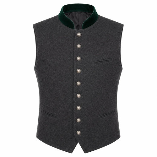 A dark gray wool felt vest with a dark green velvet collar and silver-tone buttons, shown on a plain white background.
