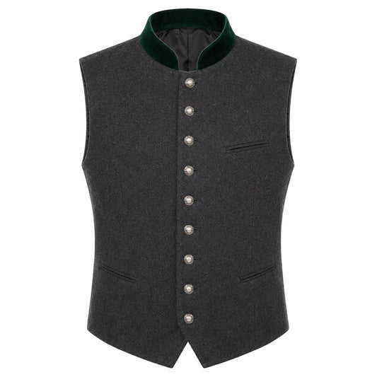 A dark gray wool felt vest with a dark green velvet collar and silver-tone buttons, shown on a plain white background.