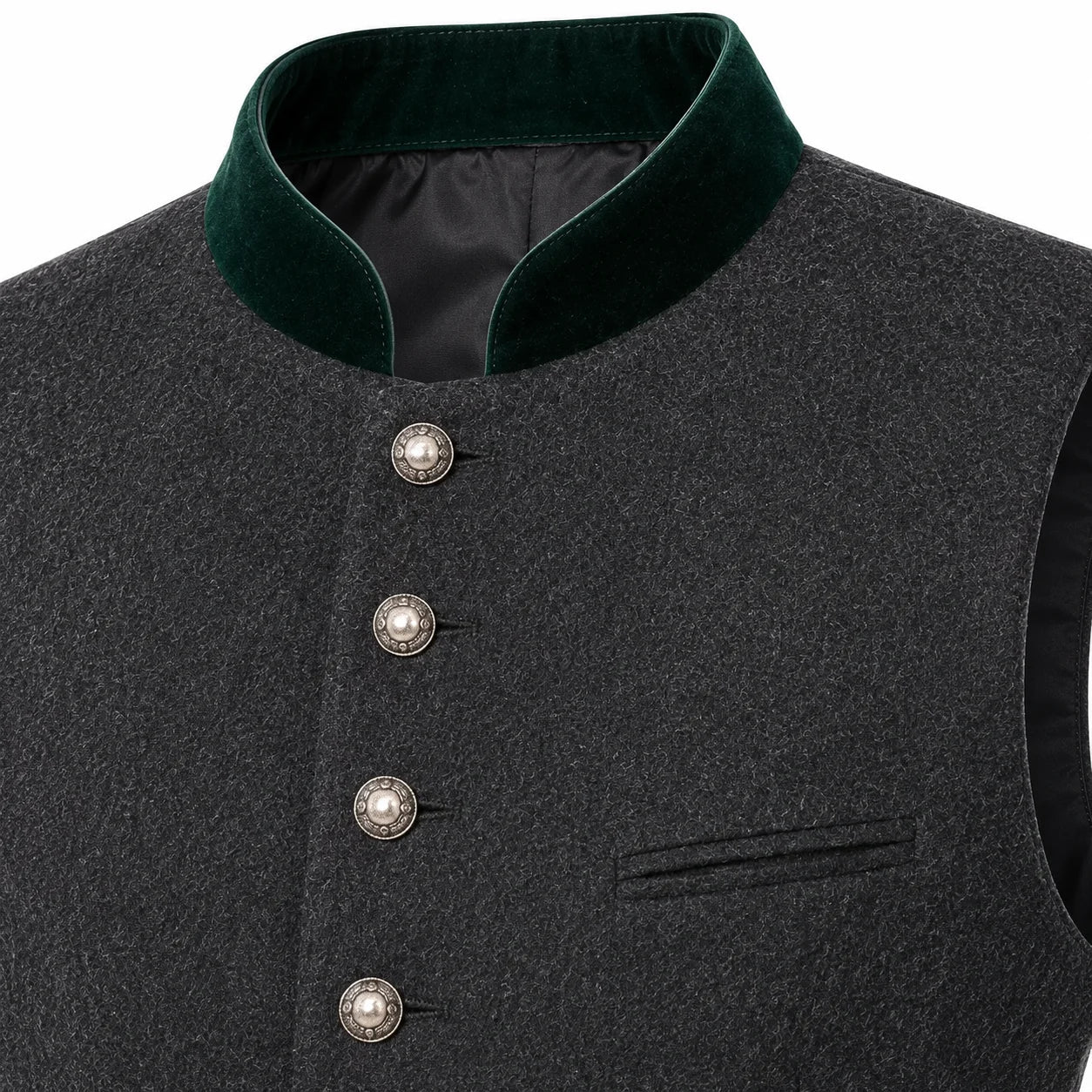 Close-up of a dark gray textured waistcoat with a contrasting dark green velvet stand collar and decorative silver-tone buttons.