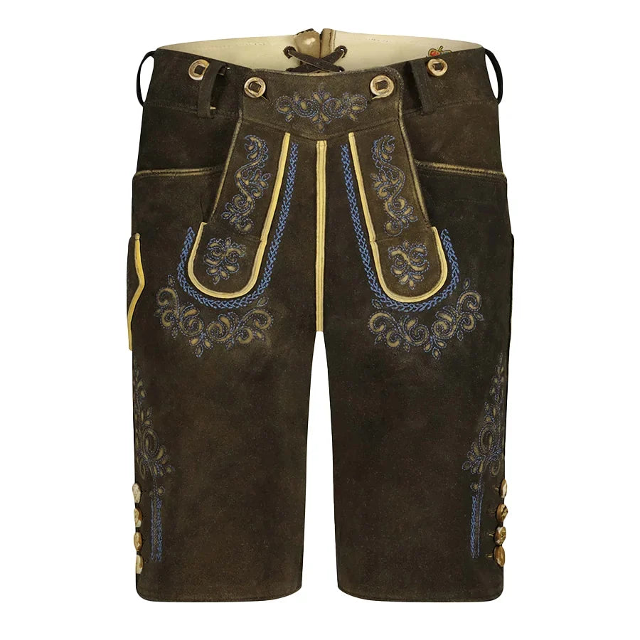 Brown leather shorts with decorative stitching on a white background