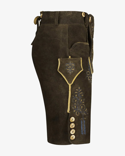 Brown leather shorts with decorative elements on a white background