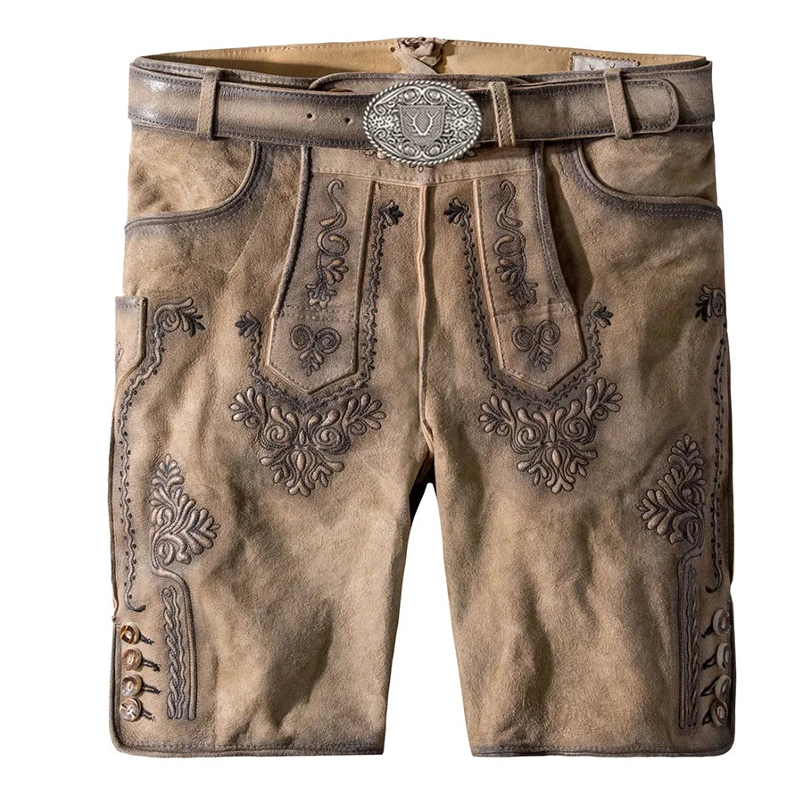 Brown leather shorts with decorative stitching and a belt on a white background