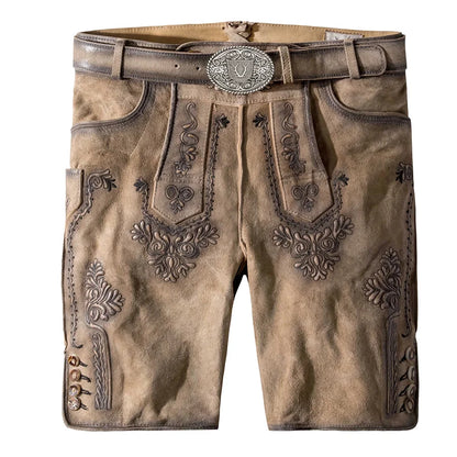 Brown leather shorts with decorative stitching and a belt on a white background