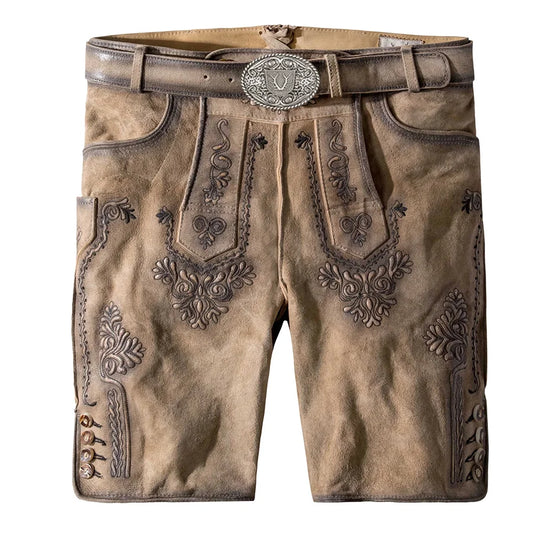 Brown leather shorts with decorative stitching and a belt on a white background