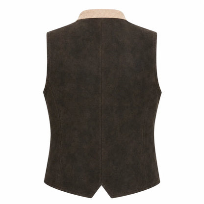 A dark brown suede vest shown from the back, featuring a central seam and a light beige inner collar lining, displayed on a clean white background.