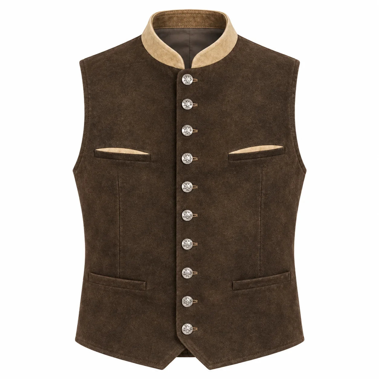 A dark brown suede vest with a beige collar and silver-tone decorative buttons, shown against a plain white background.