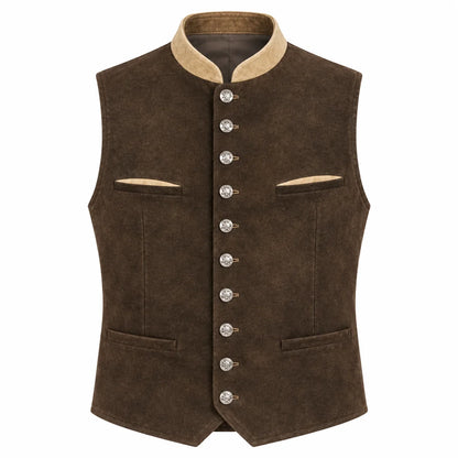 A dark brown suede vest with a beige collar and silver-tone decorative buttons, shown against a plain white background.