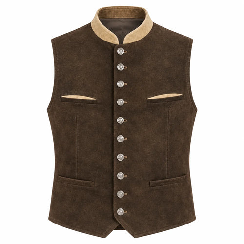 A dark brown suede vest with a beige collar and silver-tone decorative buttons, shown against a plain white background.