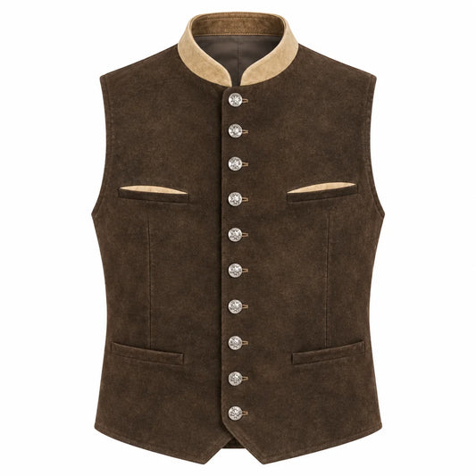 A dark brown suede vest with a beige collar and silver-tone decorative buttons, shown against a plain white background.