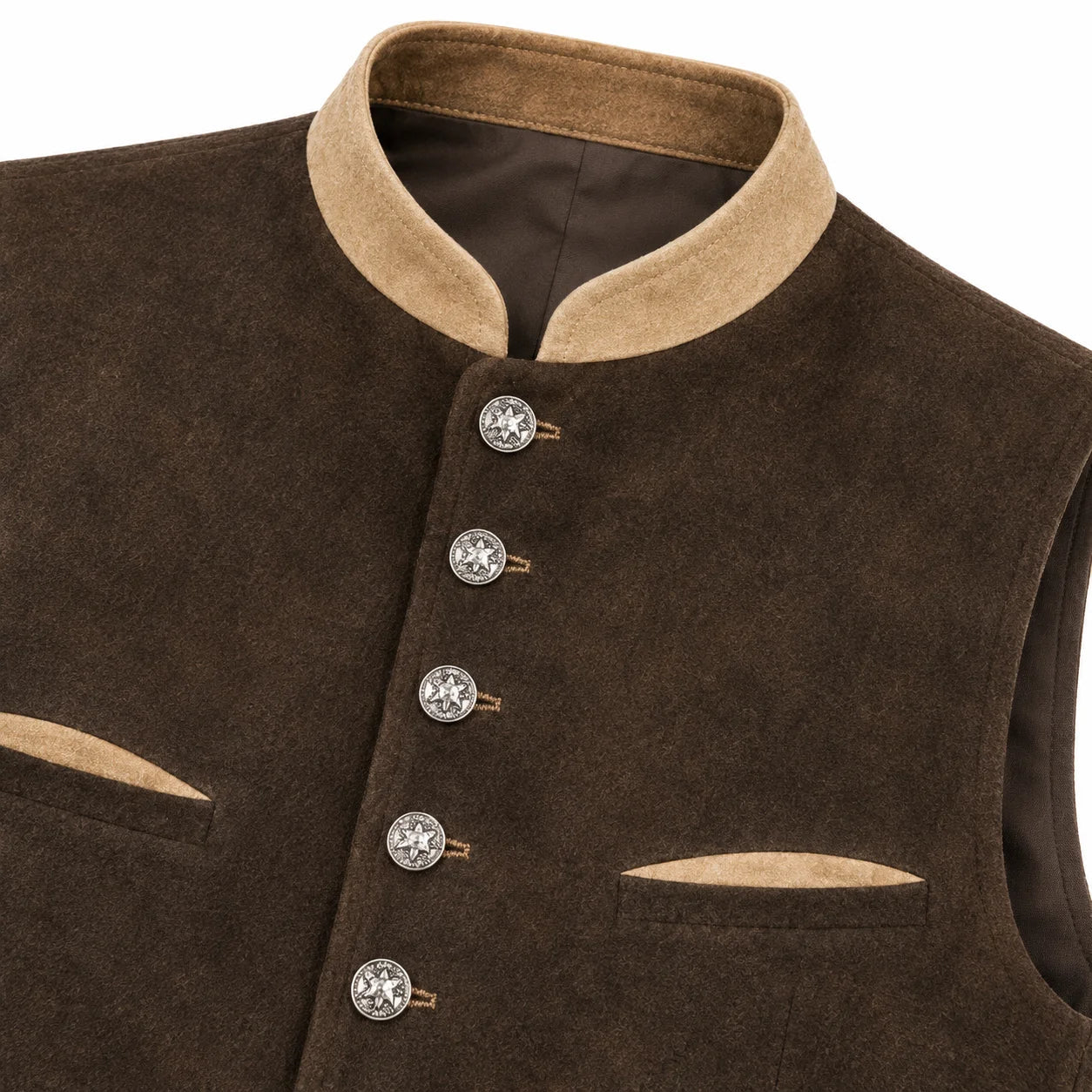 Close-up of a dark brown waistcoat or vest with a tan collar, decorative silver-toned buttons, and matching tan trim on the pocket edges, shown against a white background.