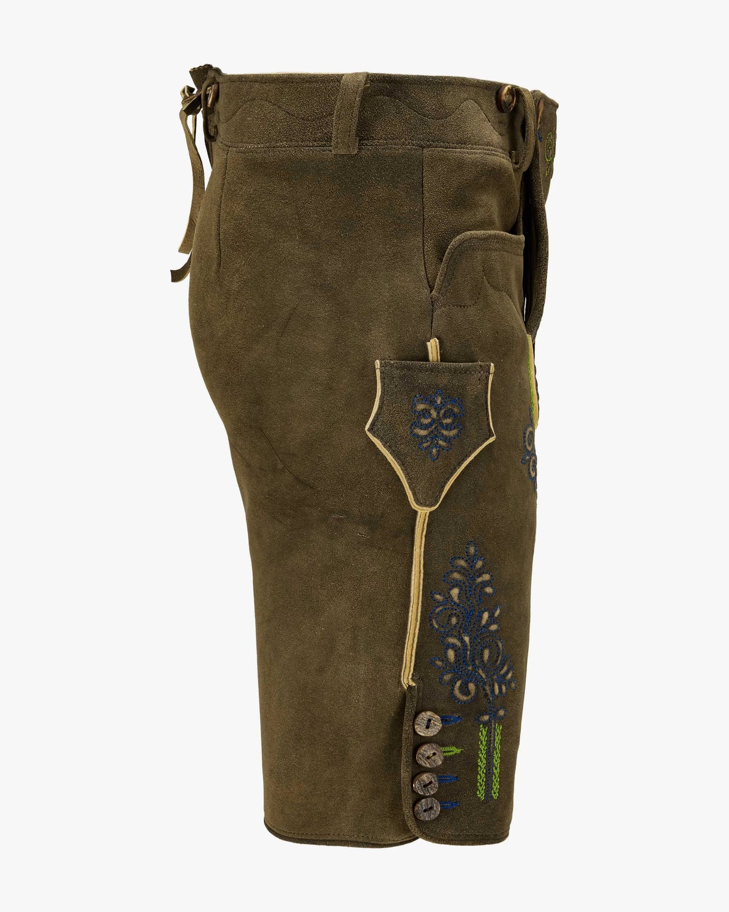 Brown leather shorts with decorative stitching on a white background