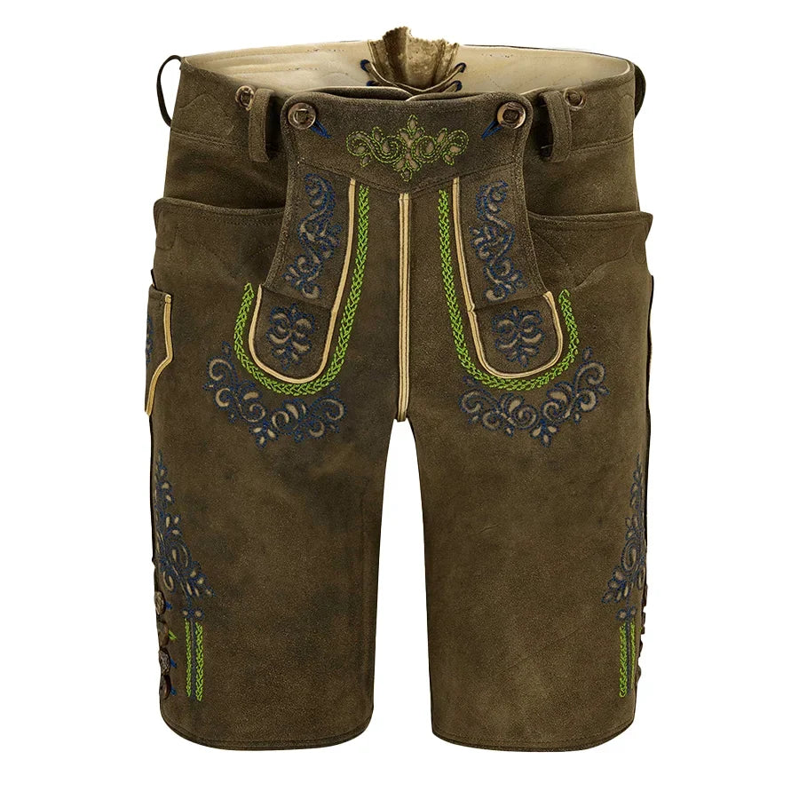 Brown leather shorts with decorative stitching on a white background