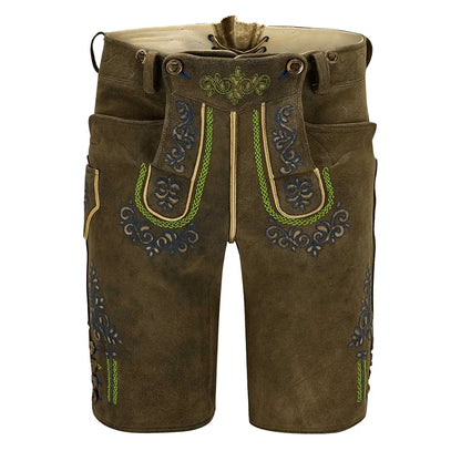 Brown leather shorts with decorative stitching on a white background