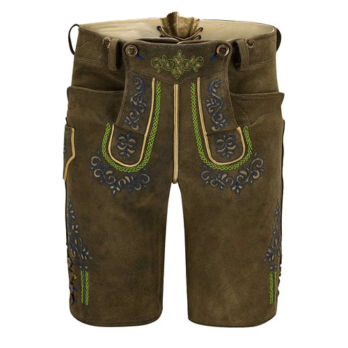 Brown leather shorts with decorative stitching on a white background