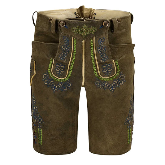 Brown leather shorts with decorative stitching on a white background