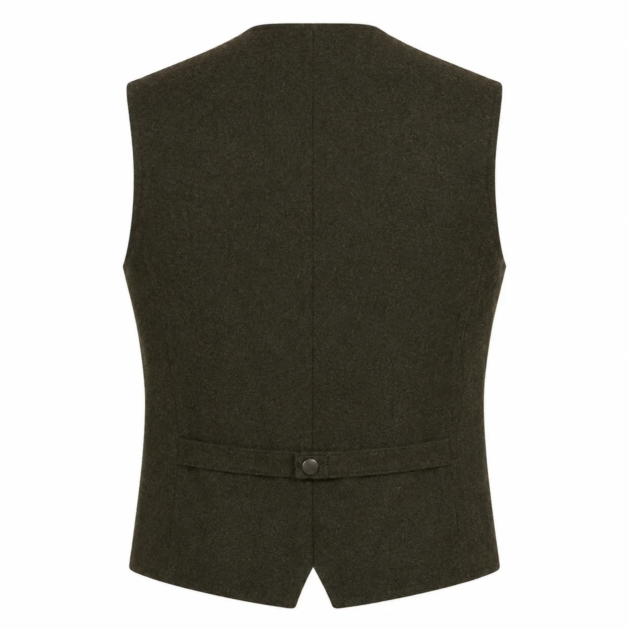 A dark olive green wool vest shown from the back, featuring a single button closure at the waist, photographed against a solid white background.