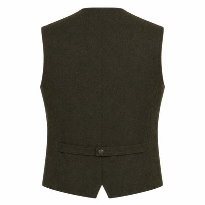 A dark olive green wool vest shown from the back, featuring a single button closure at the waist, photographed against a solid white background.