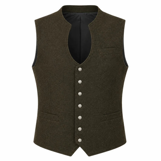 An olive green wool vest with a split neckline, silver-tone buttons, and welt pockets, shown on a plain white background.