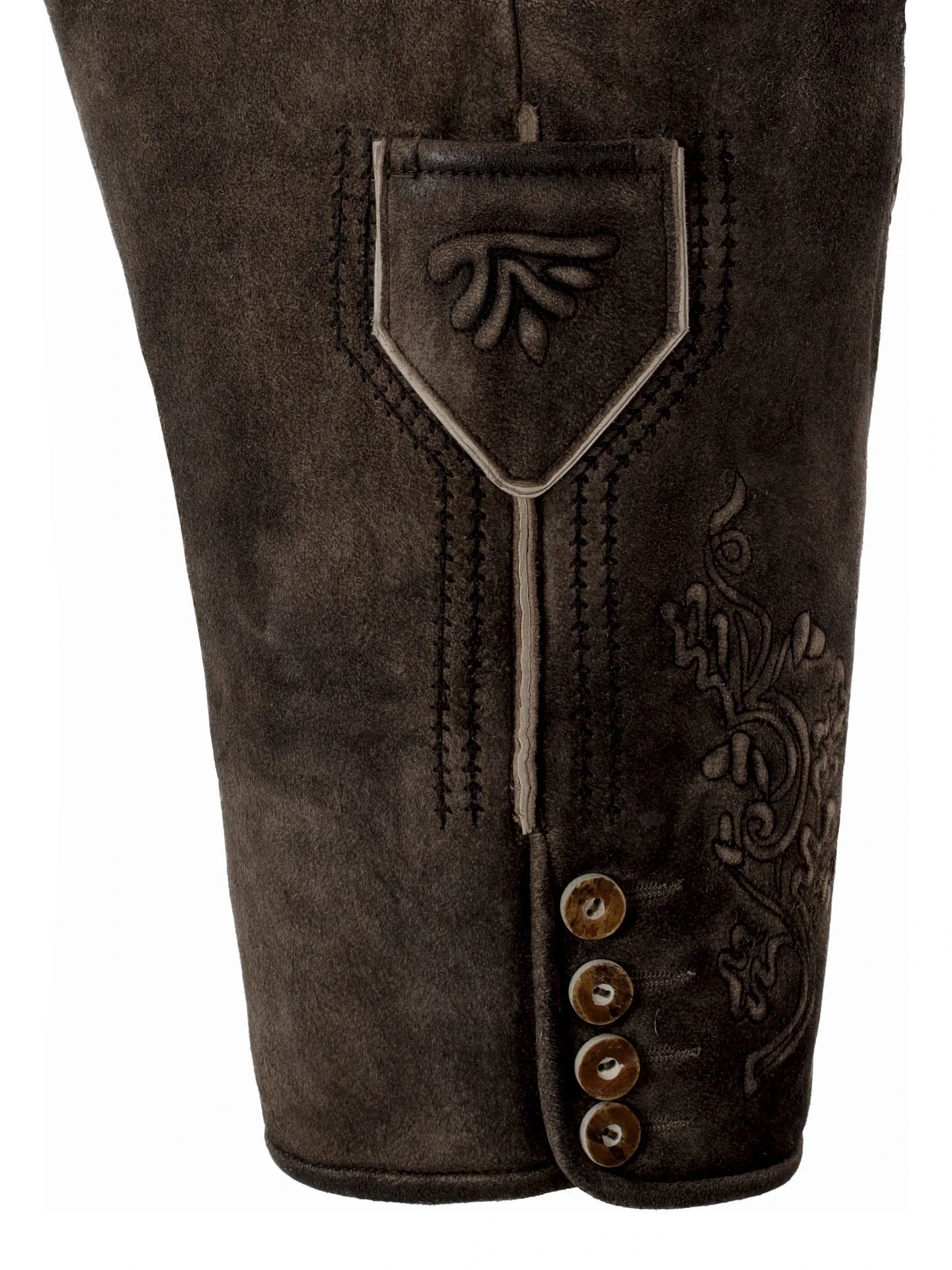 Brown leather pants with decorative stitching and buttons on a white background