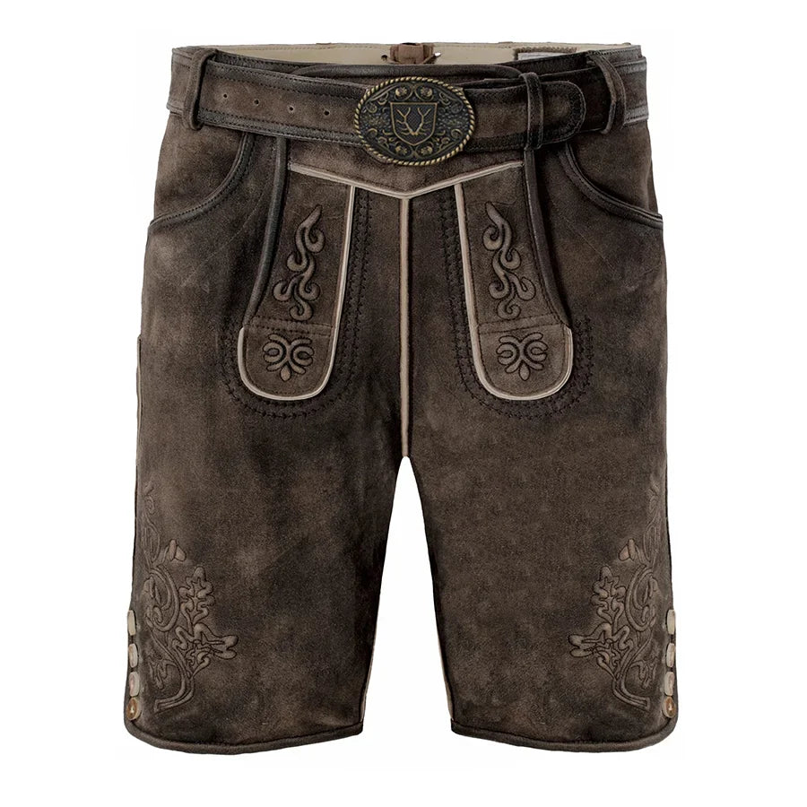 Brown leather shorts with decorative stitching on a white background