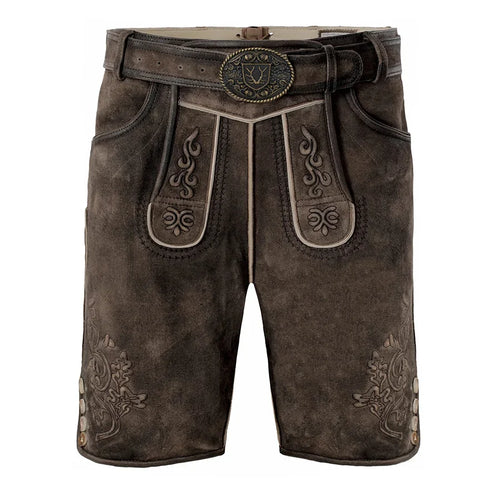Brown leather shorts with decorative stitching on a white background
