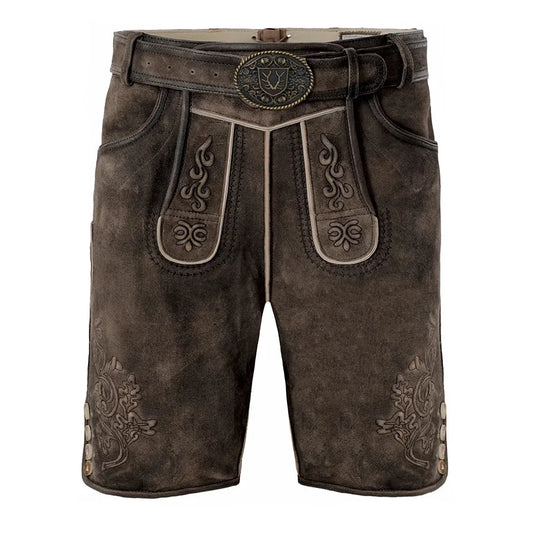 Brown leather shorts with decorative stitching on a white background
