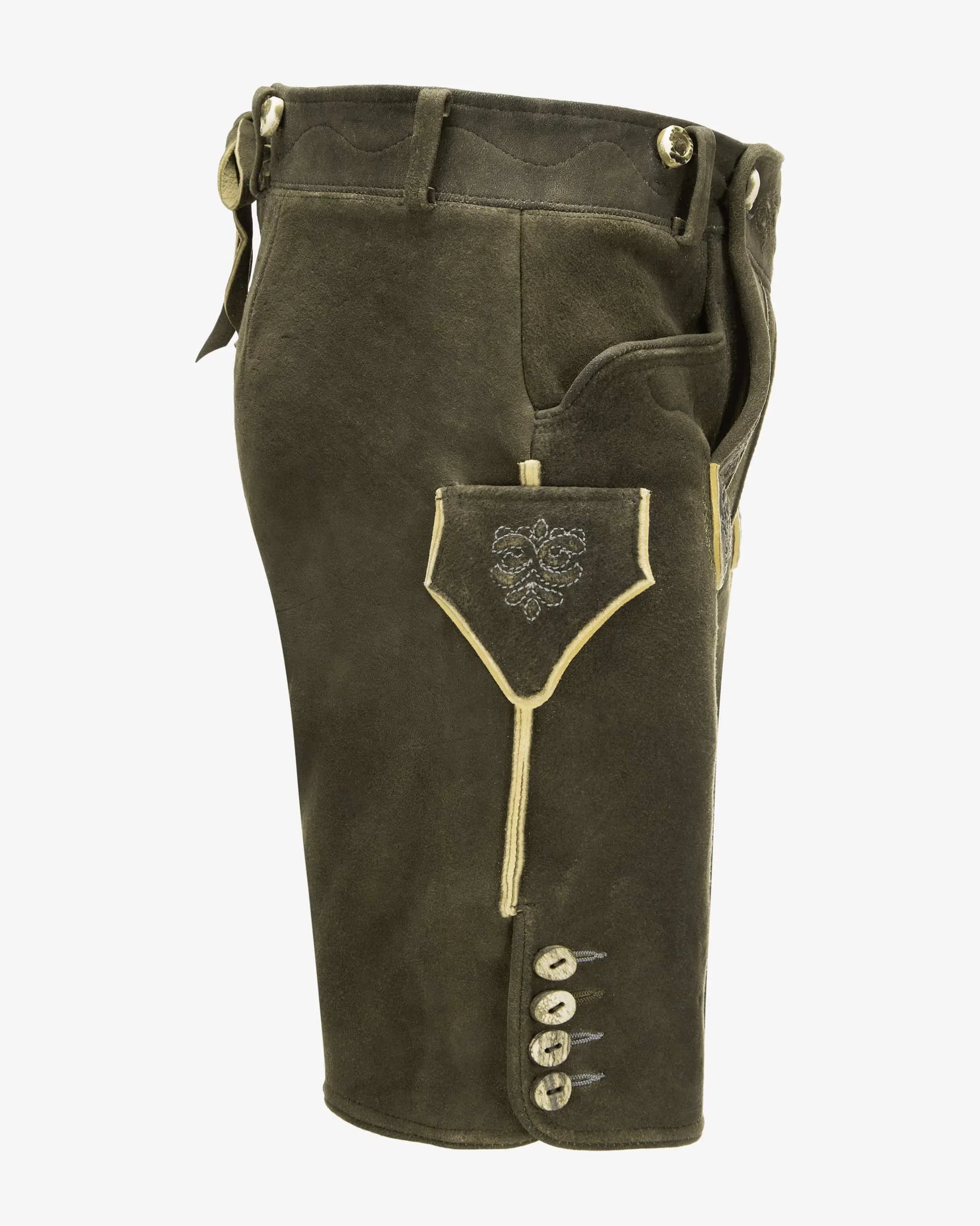 Brown leather shorts with decorative stitching on a white background