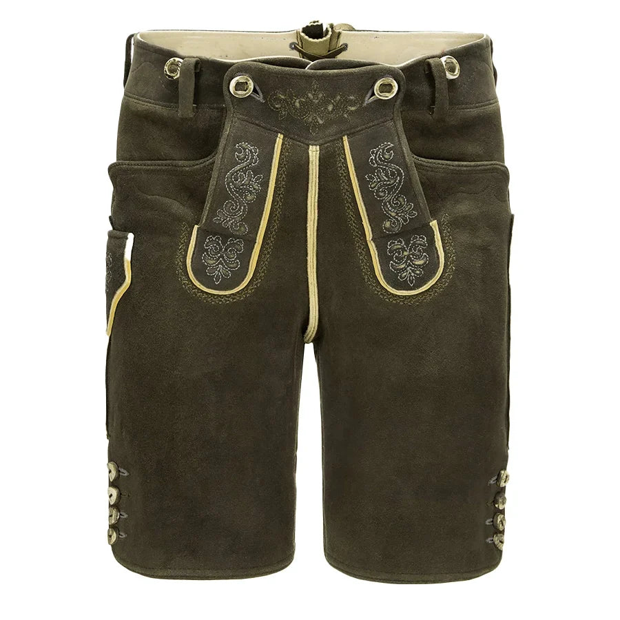 Brown leather shorts with decorative stitching on a white background