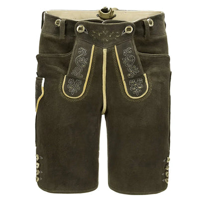Brown leather shorts with decorative stitching on a white background