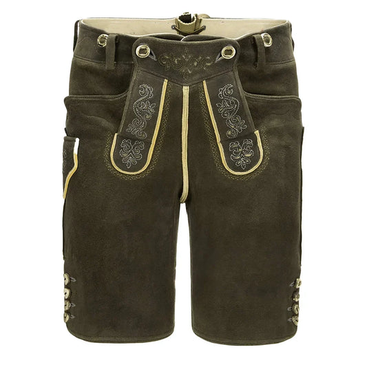 Brown leather shorts with decorative stitching on a white background