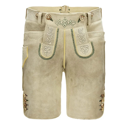Beige leather shorts with decorative stitching on a white background