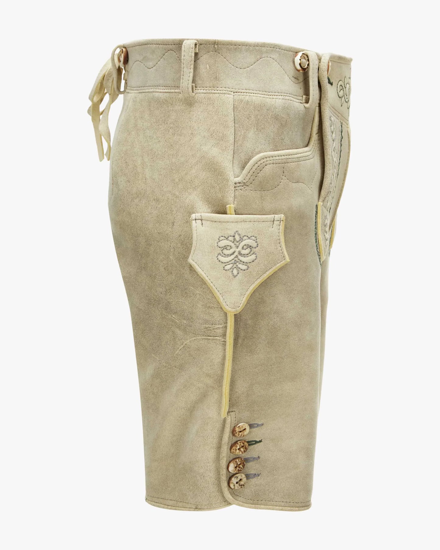 Beige traditional pants with decorative elements on a white background