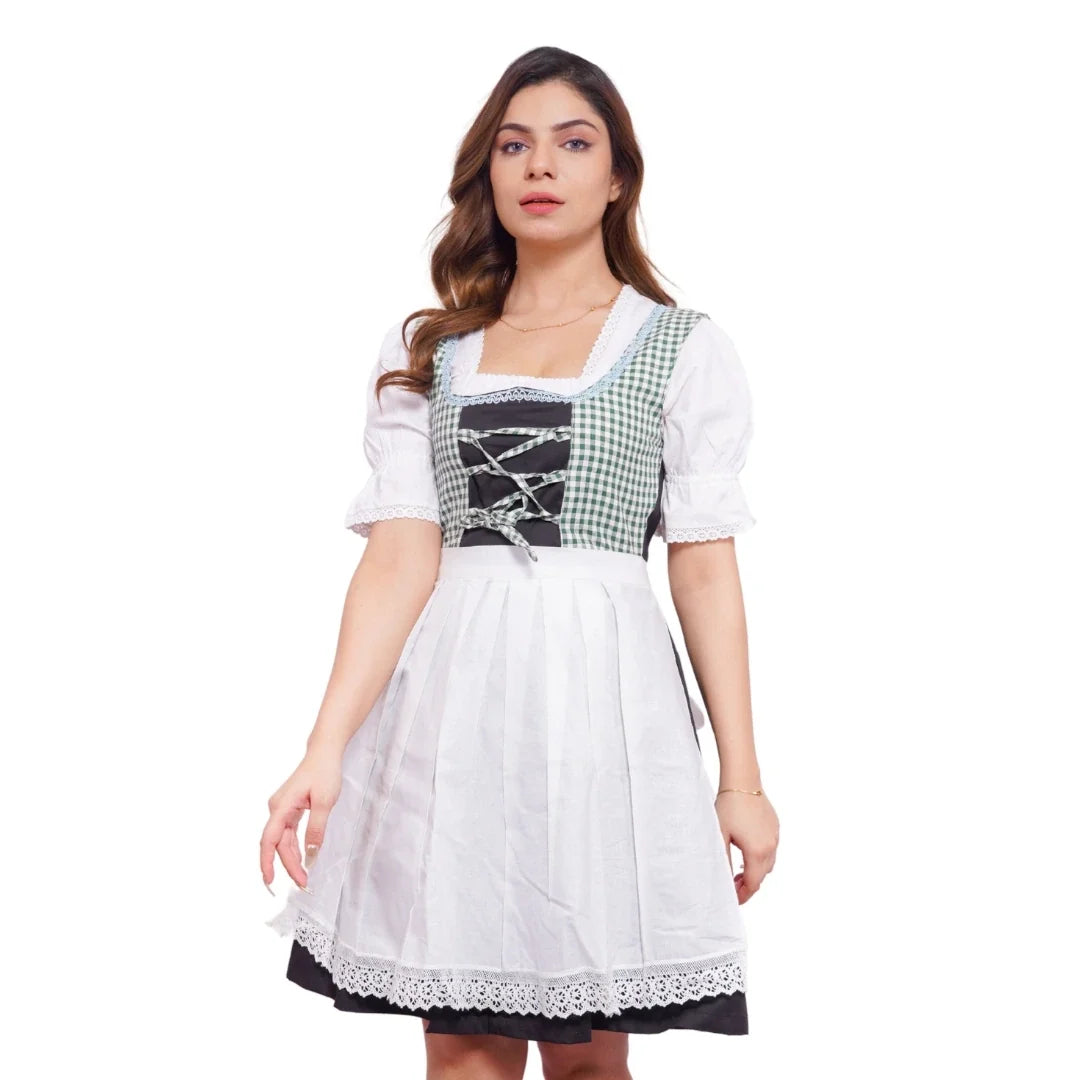 A woman wearing a white and green checkered dirndl with a cute ribbon and side pockets.